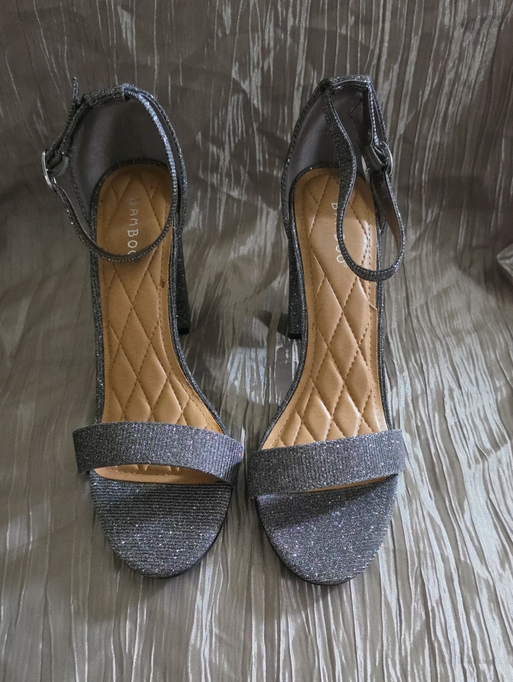 BAMBOO Glitter Ankle-Strap Block Heels - Silver